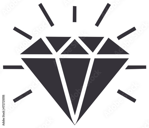 Shining diamond illustration, luxury gemstone icon, jewelry symbol, black and white graphic