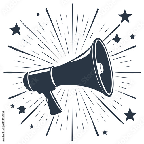 Retro Megaphone Announcing News and Stars Bursting Outward Retro Design