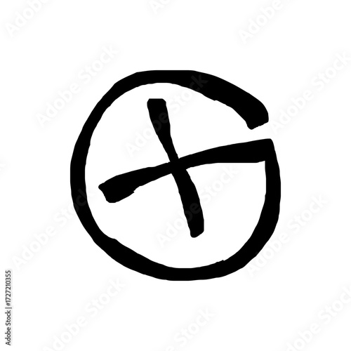A simple black and white drawing of a circle enclosing a plus sign with a small gap in the circle's outline