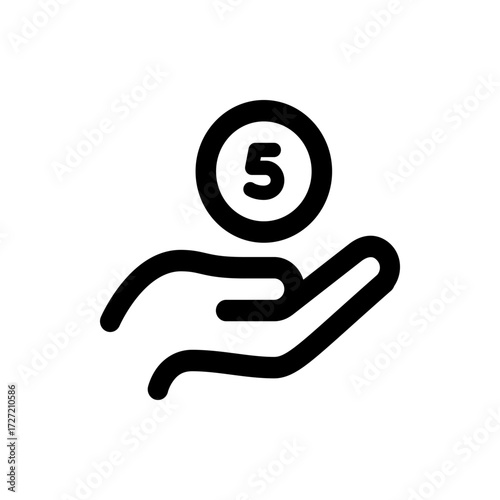 A simple line drawing of a hand holding a coin with the number five displayed in the center circle
