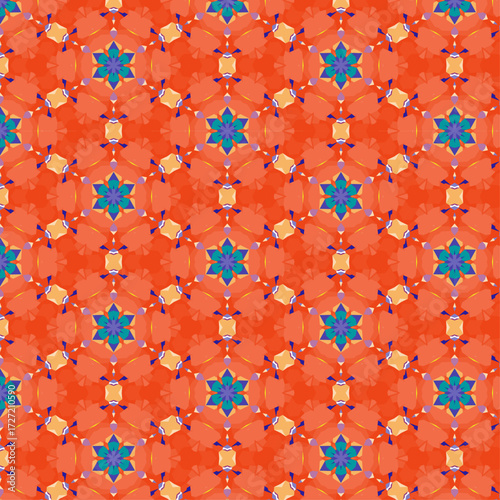 A seamless mosaic pattern featuring vibrant orange tiles arranged in a warm, rhythmic grid that beautifully contrasts with elegant blue flower motifs.