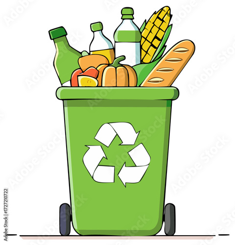 Green Recycling Bin Container Full of Food Waste Apples Bread Corn Pumpkin Bottles