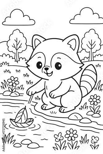 Cute raccoon plays with leaf boat in a river coloring page for kids