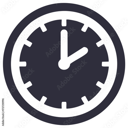 Simple graphic of a classic clock face, dark gray circle with white hands at 1:05