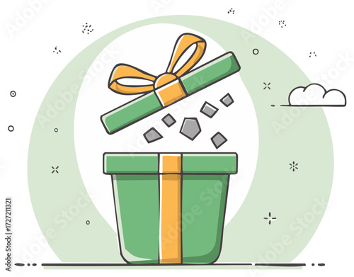 Opened green gift box with yellow ribbon lid opening and abstract shapes flying out celebration