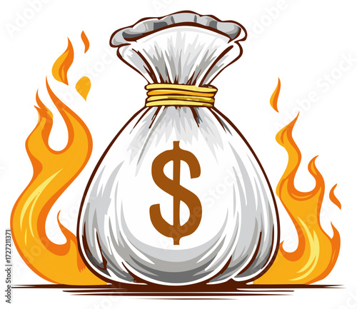 Cartoon Money Bag Symbol Surrounded by Flames Loss Financial Concept