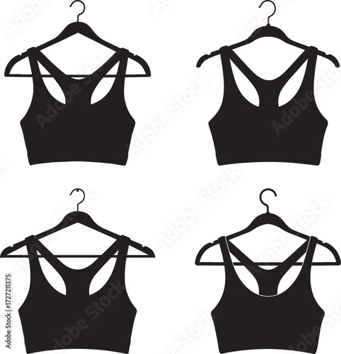 Four black sports bra silhouettes hanging on hangers silhouette