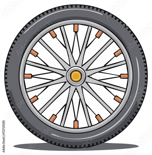 Classic bicycle wheel with treaded rubber tire and metal spokes vector illustration
