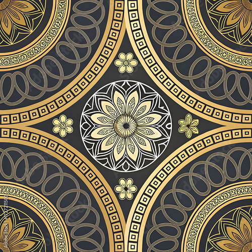 Intricate gold and black art deco geometric pattern with floral accents