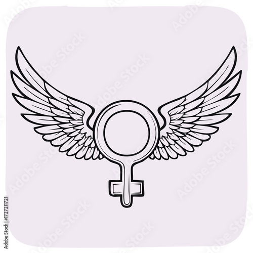Feminine Symbol with Wings Line Art: Empowering, Freedom, and Feminist Illustration Concept