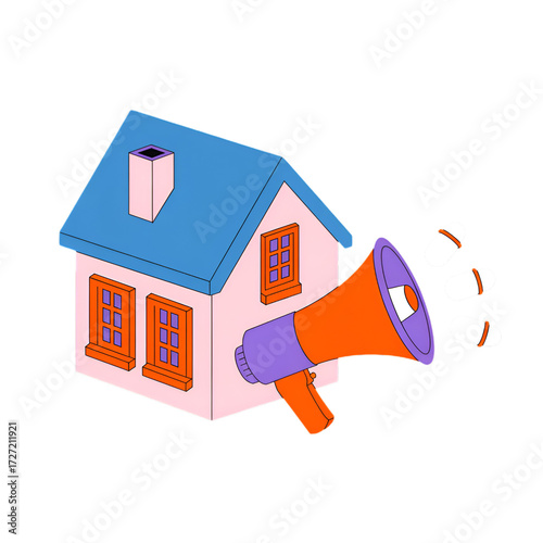 Isometric Cartoon House with Megaphone and Pills on Black Background home building