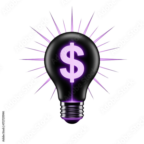 Illuminated Light Bulb with Dollar Sign and Purple Rays Symbolizing a New Financial Concept or Opportunity