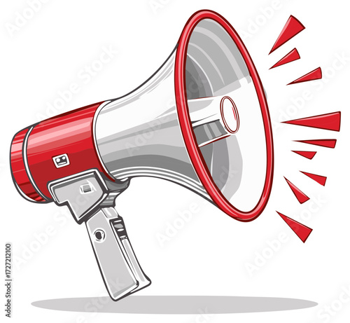 Red and white megaphone with sound waves emanating from the bell symbolizing announcement or broadcast