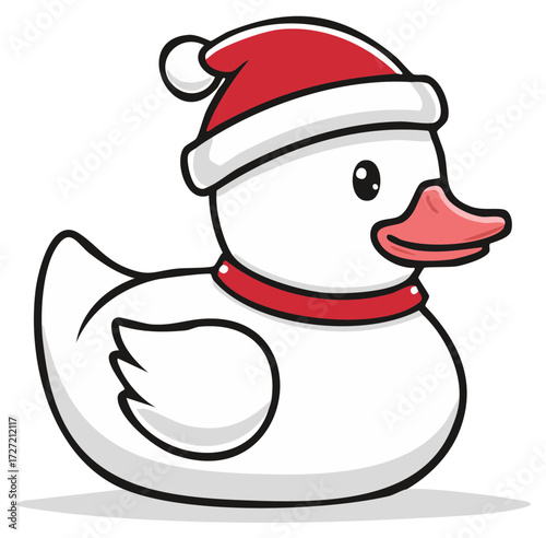 A cute white rubber duck cartoon wearing a red Santa hat for the Christmas holiday