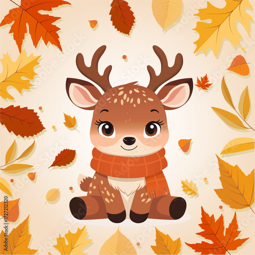 Cute baby deer in a scarf sitting among colorful autumn leaves. Flat vector cartoon illustration of a little forest animal on a light background. Isolated and cozy fall scene. Vector EPS 10