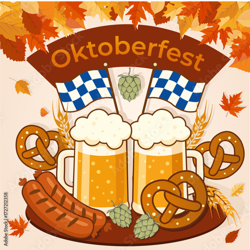 Oktoberfest: Bavarian beer mugs, pretzels, sausages, hops, flags, and autumn leaves. A vibrant, flat vector illustration for posters, flyers, and banners.