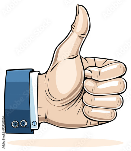 Thumbs up hand gesture in a business suit sleeve, approving or liking something, vector illustration.