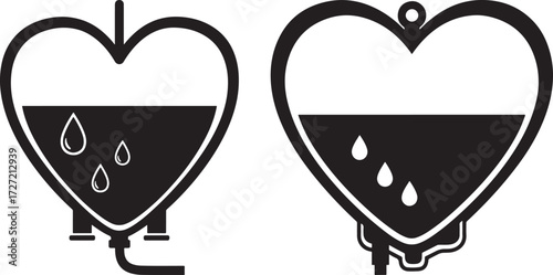 Two heart shaped blood bags with dripping blood drops silhouette