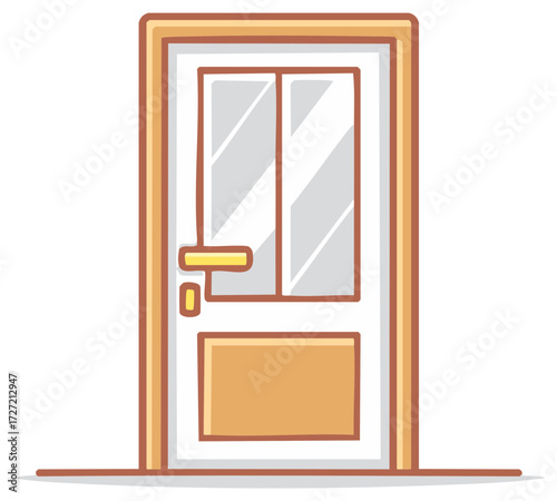 Cartoon vector wooden door with glass panel and handle illustration of an entrance to the room