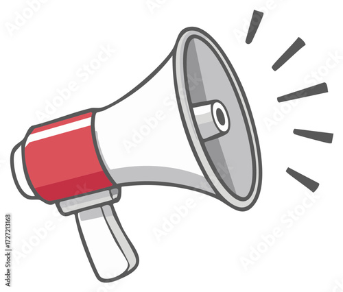 Vintage style red and white megaphone broadcasting sound waves for announcements and alerts