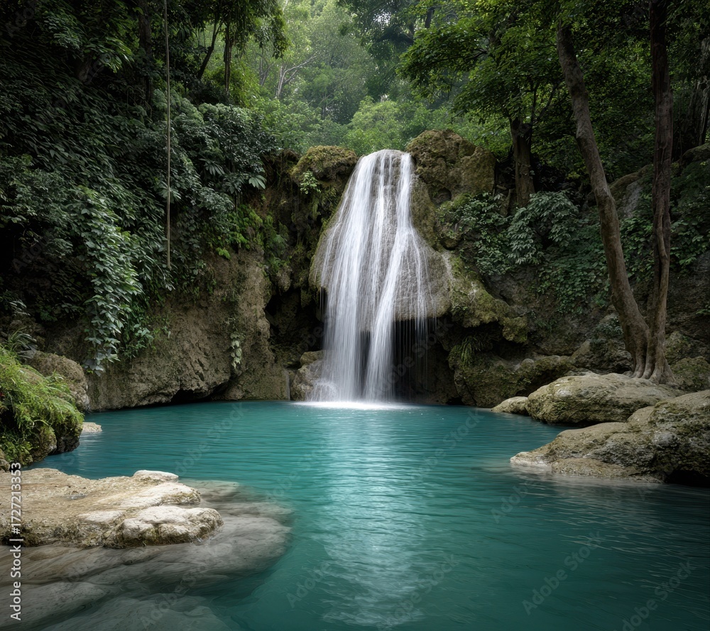 Obraz premium Serene long exposure showcasing a turquoise waterfall cascading into a tranquil pool, surrounded by lush tropical greenery.