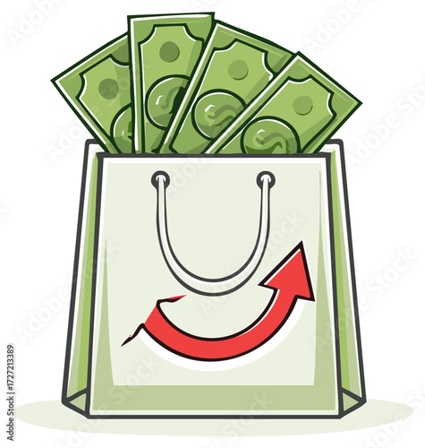 Cartoon shopping bag filled with dollar bills and a red arrow symbolizing profit growth and sales