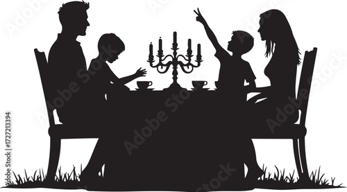 Silhouette family at table with candelabra and teacups
