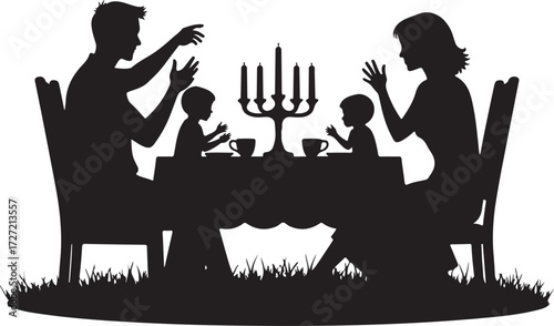 Silhouette family gathered around table with candelabra