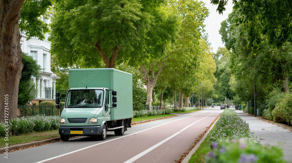 Obraz premium Electric delivery truck in a green suburb with tree-lined paths and bike lanes, climate change mitigation, environmental policies advancing sustainable transport, eco-friendly deli