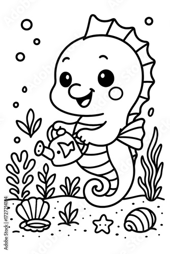 Cute seahorse watering plants underwater with a watering can vector art