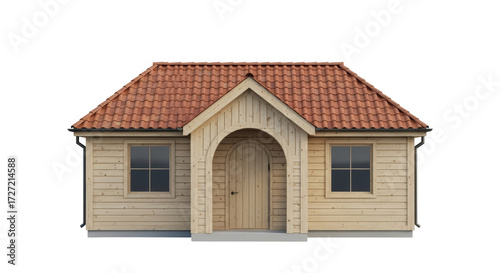 Isolated small timber shed building with red tile roof, front facade in full view, studio shot
