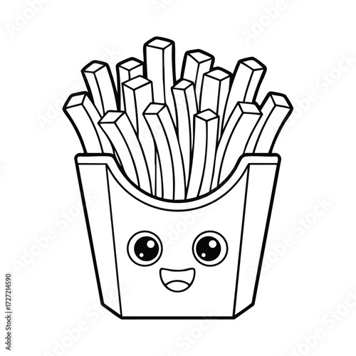 A cheerful container filled with crispy fries, featuring a happy face and cartoonish eyes, perfect for fun designs.