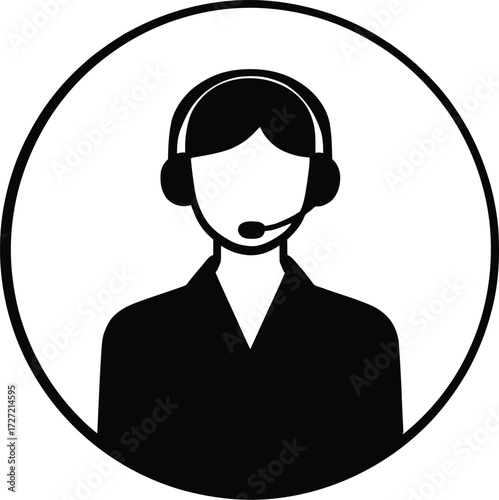 Customer Service Icon Vector Featuring Headset-Wearing Representative in Circular Frame in Black and White Line Art Style
