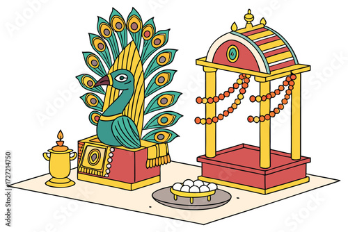 elaborately detailed deity figurine, peacock feathers, marigold flowers, vermillion powder, diya lamps, metallic decorations, intricate altar, vibrant colors, traditional hindu festival display, pho