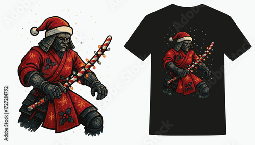 Samurai Christmas Warrior Festive Vector T-shirt, Japanese Santa Samurai Christmas T-shirt Artwork, Bold Samurai Holiday Vector T-shirt Design, Santa Hat Samurai Christmas Vector T-shirt Print