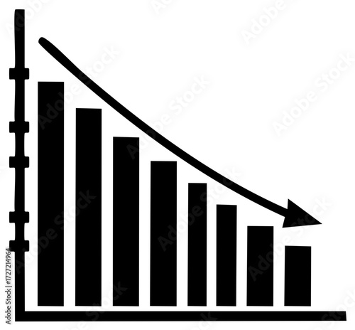 Downward trending bar graph illustrates decline and negative performance in black and white