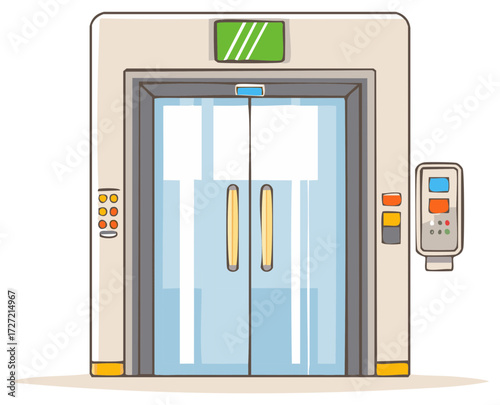 Elevator, cartoon illustration of sliding door lift with control panels and floor indicator lights