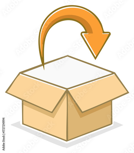 Curved orange arrow pointing down into an open brown carton box