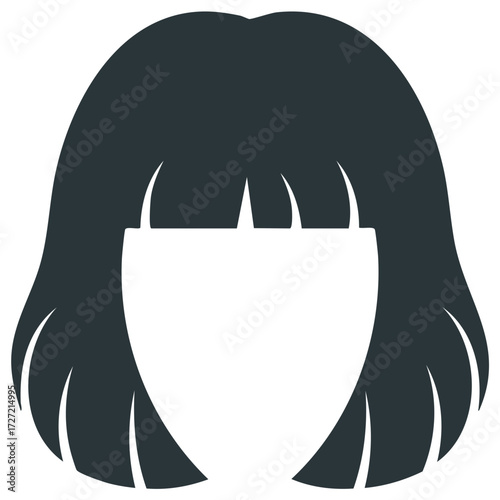 Simple flat vector icon of a woman's head with a dark bob hairstyle and bangs