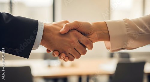 Business professionals shaking hands during a formal meeting showing trust and partnership in a corporate environment