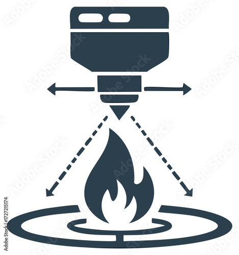 Flame detection sensor icon with scanning area and adjustable arrows over a gas burner