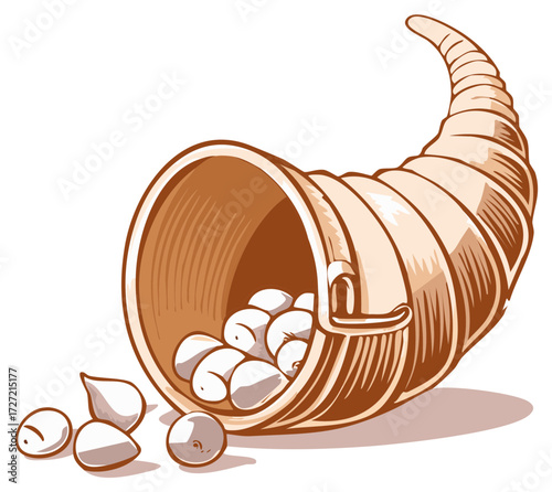 Stylized Cornucopia overflowing with white round fruits and scattered on surface