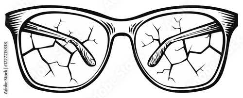 Damaged Eyeglasses Featuring Shattered Lenses with a Distinct Crack Pattern in a Monochromatic Illustration