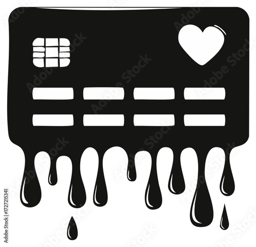 Distressed Credit Card with Dripping Paint and Heart Shape Black and White Icon