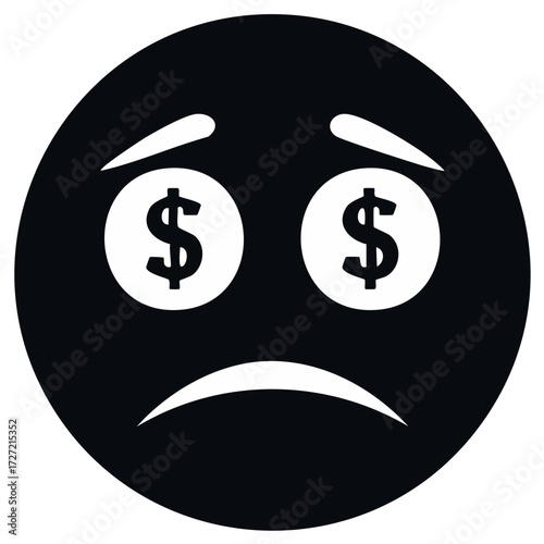Vector icon of a sad emoticon with dollar sign eyes symbolizing debt and money worries
