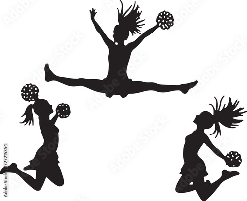 Three black silhouettes of cheerleaders in dynamic poses