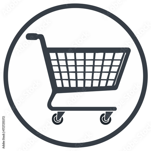 Minimalist shopping cart icon in a dark circular frame representing online retail purchases and e commerce services