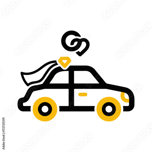 Just Married car icon for a wedding celebration, featuring a bridal veil and interlocking rings. A vector graphic symbolizing love and transportation for newlyweds