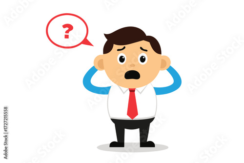 Animated Cartoon Businessman with Red Tie and Question Mark Speech Bubble Expressing Confusion