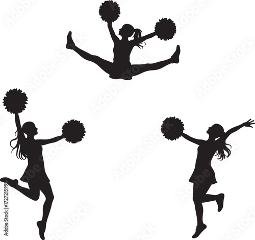 Three black silhouettes of cheerleaders with pom poms in action